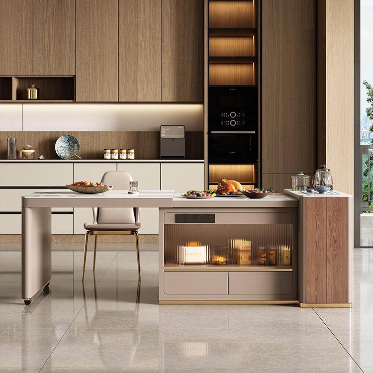 Mesa de comedor de la isla Qiping, un apartamento pequeño retráctil, cocina doméstica, restaurante, placa de roca retráctil de alta gama, Zhongdao