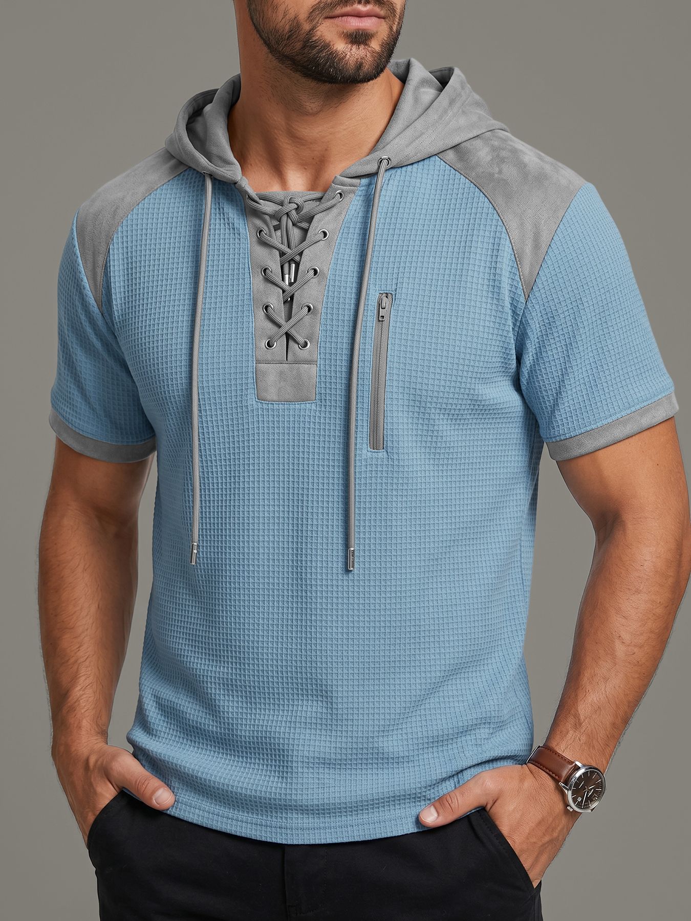 Estación independiente europea y americana encapuchada camiseta Henry de manga corta TK tamaño europeo correa de correa de correa deportiva de comercio exterior Casual camiseta hombre