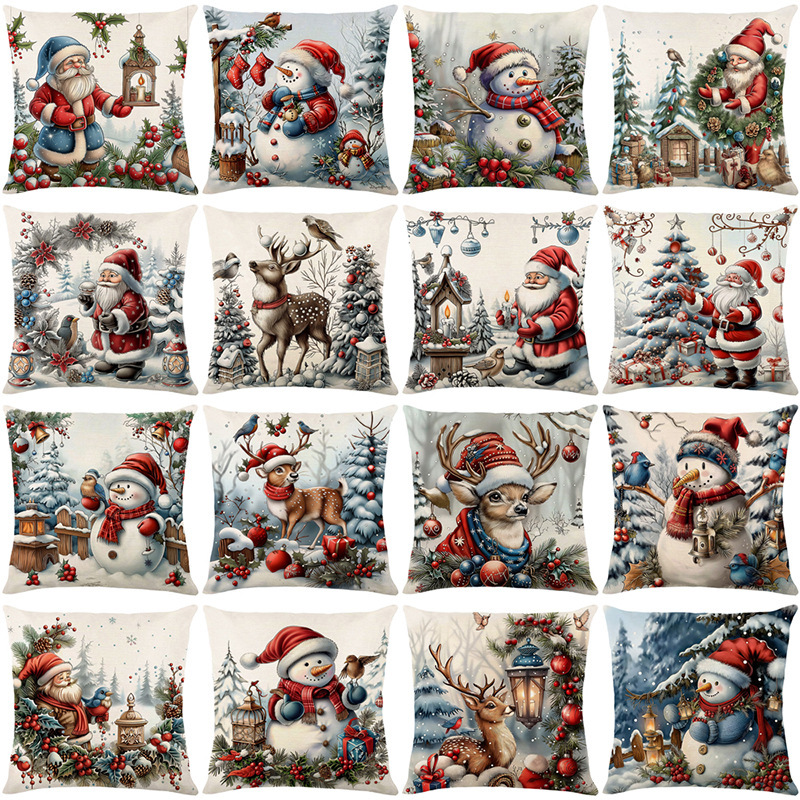 Temu Christmas Pillow Cover Cross-Border Holiday Decoration Oil Painting Style Realistic Sofa Cushion Cover Bedroom Pillow Wholesale