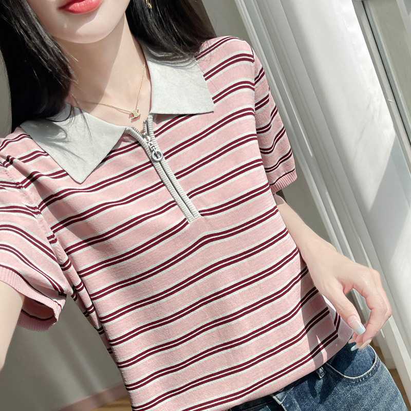 2026 Summer New Short-Sleeve Women's Polo Collar Half-Zip Striped Ice Silk Knit Loose Fit Regular Shoulder T-Shirt Top 2026 Summer New Short-Sleeve Women's Polo Collar Half-Zip Striped Ice Silk Knit Loose Fit Regular Shoulder T-Shirt Top