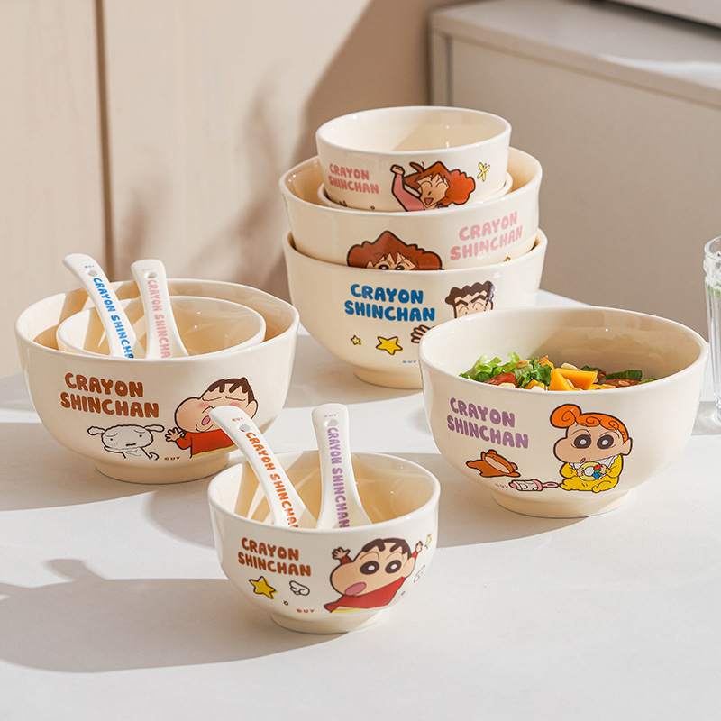 Crayon Shin-chan nuevo estilo vajilla de cerámica tazón de arroz juego de platos lindos para el hogar sopa de arroz vajilla cuchara serie familiar