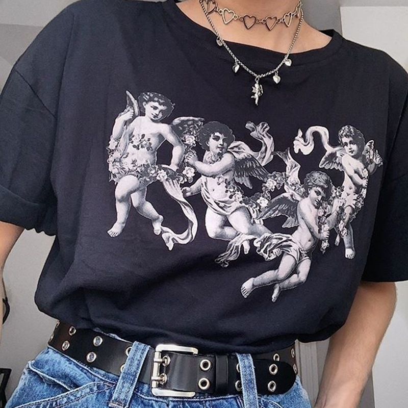 Tumblr Angel 90 s Fashion Art Aesthetic Women Kawaii Cartoon T-Shirt Round Neck Short Sleeve