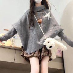 灰色高领斗篷上衣女新款设计感小众慵懒风不规则长袖针织衫毛衣女