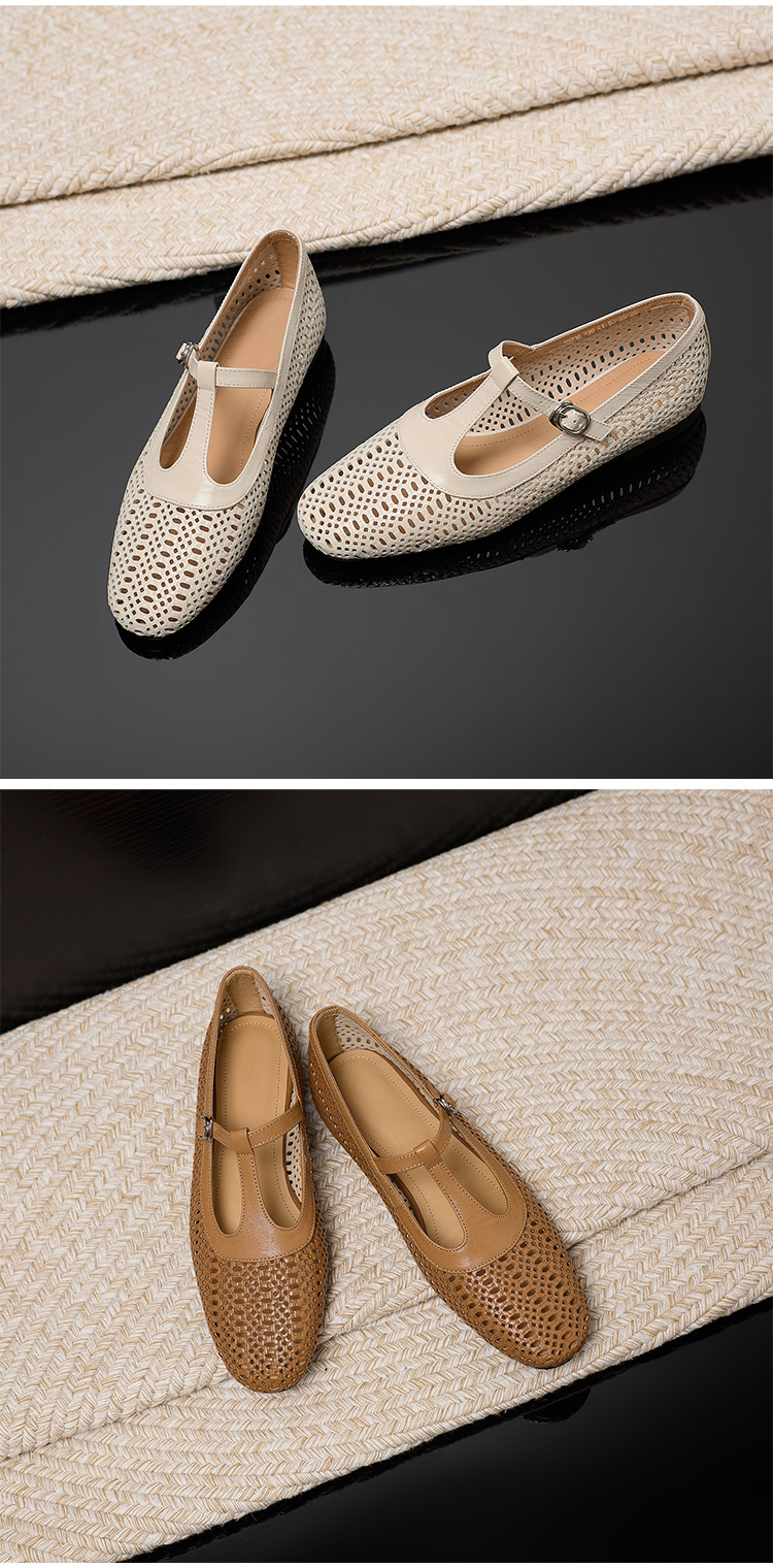 Sandal nữ da cừu đế bệt quai chữ T mũi kín hở lỗ thoáng khí — Màu caramel chi tiết 13
