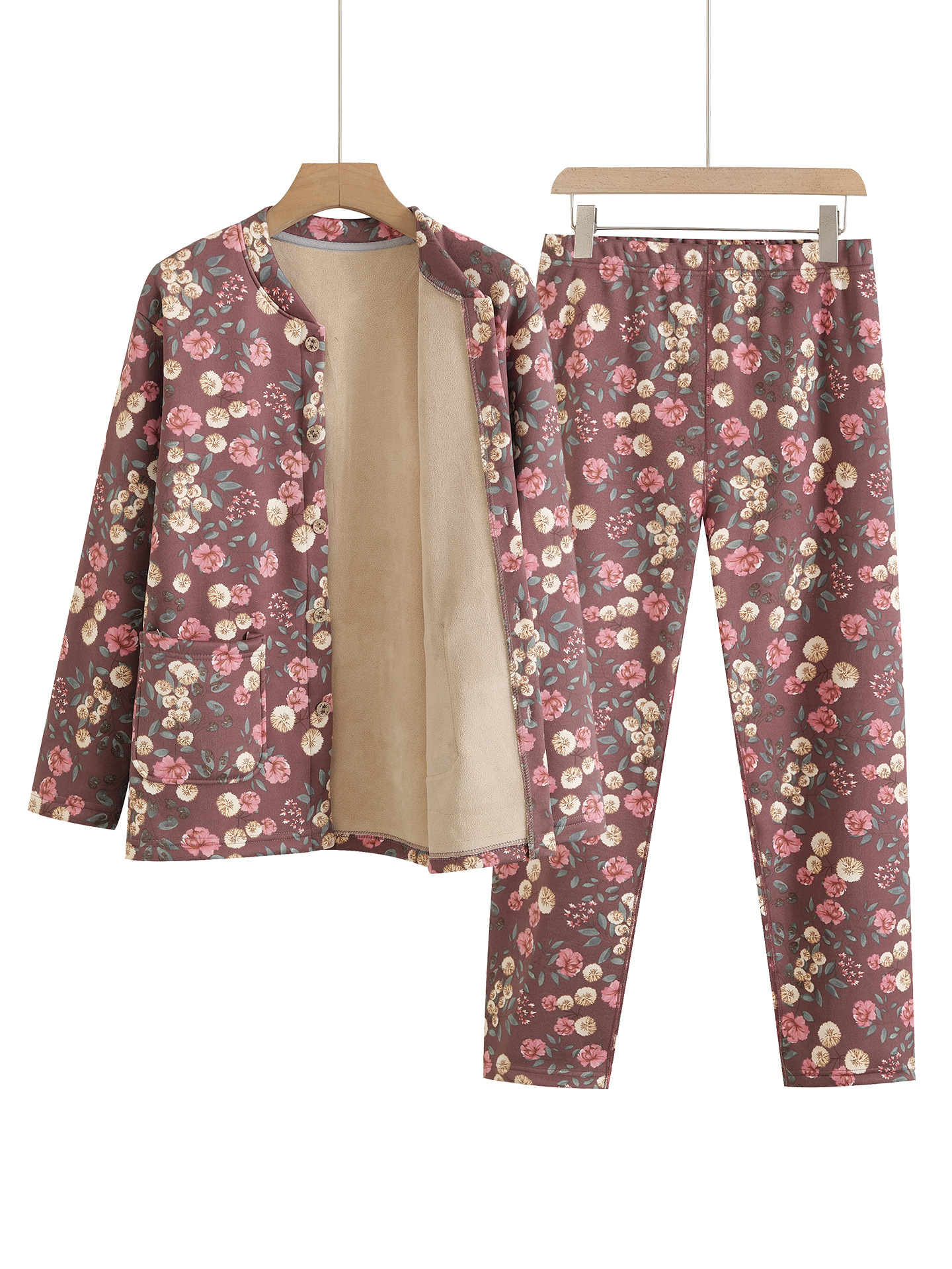 Mother's Floral Cardigan Thermal Underwear Set Women's Fleece Thickened Plus Size Loungewear Autumn Clothes and Pants Wholesale