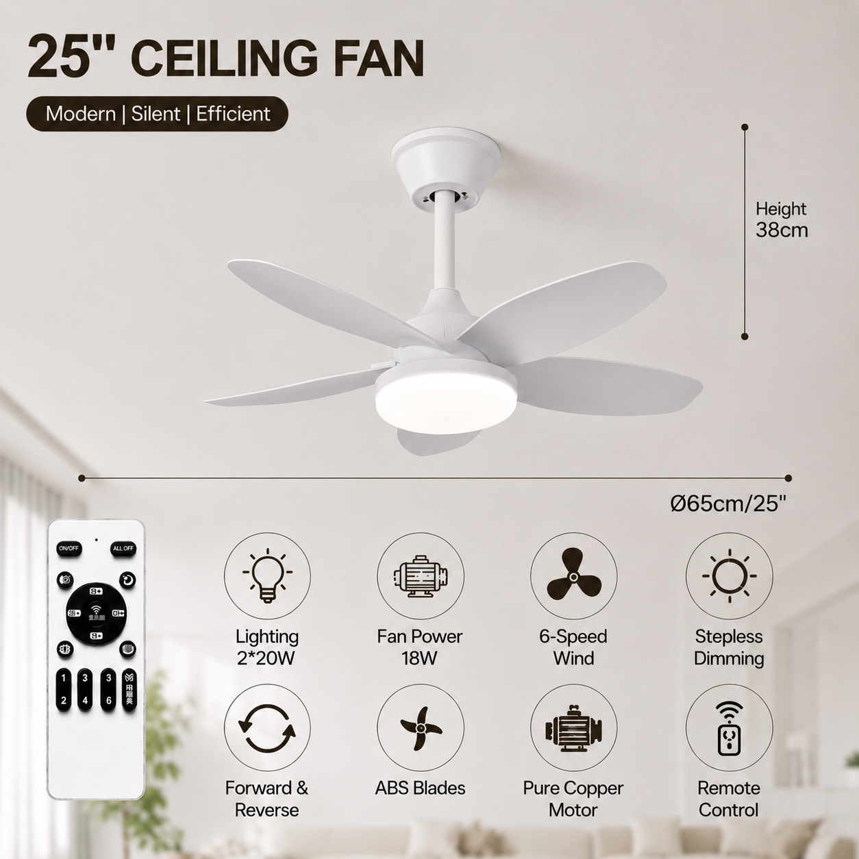 Ventilador de Techo con Luz de ABS y PC, con Control Remoto, Motor DC, para Sala de Estar y Comedor