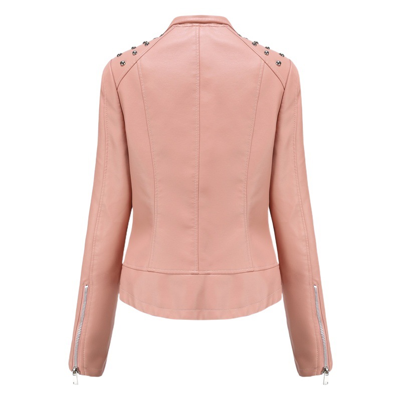 European Size Women's Beaded Leather Jacket Women's Long-Sleeved Fashion Jacket Lapel Motorcycle Jacket Thin Spring & Fall Women's Jacket 2023