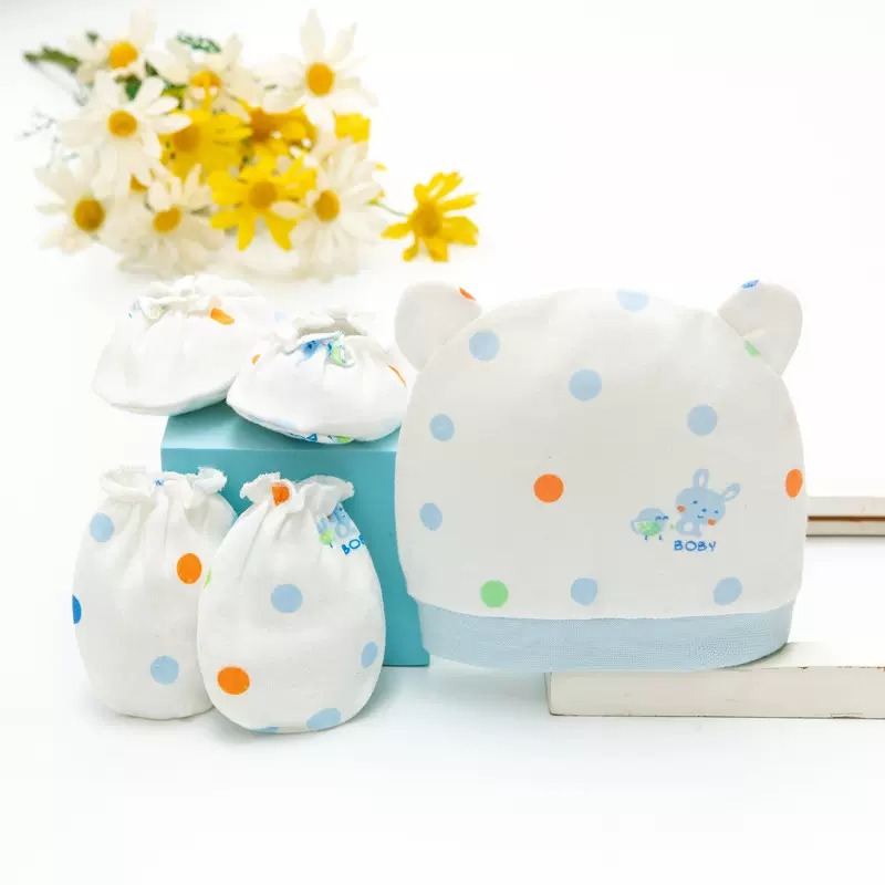 欧美新生婴儿胎帽防抓手套脚套三件套0-3月宝宝帽子纯棉春秋薄款