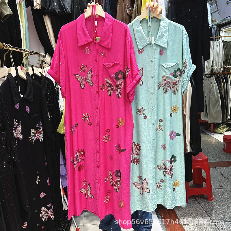 European Heavy-Duty Design Rhinestone Butterfly Loose Short-Sleeve Tie Waist Shirt Dress Fashion Three-Dimensional Long Dress Trendy
