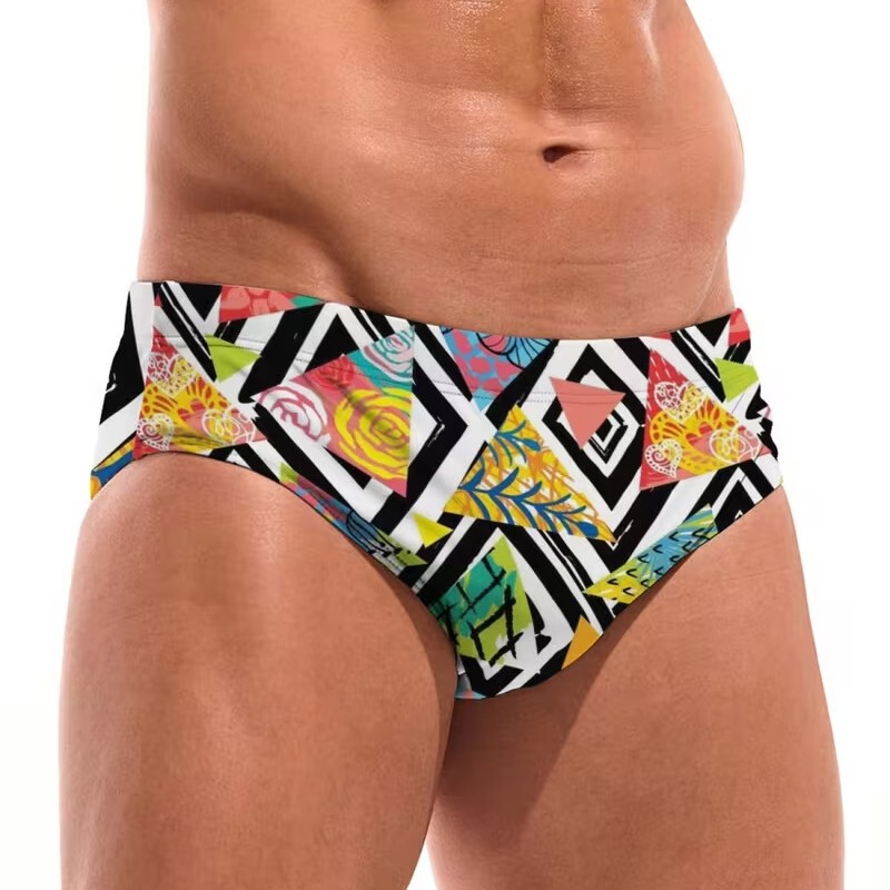 Men's Swimming Trunks, Triangle Printed Swimming Trunks, European and American Low-Waist Sexy Cup-Style Swim Trunks, Hot Spring Beach Swimming Shorts