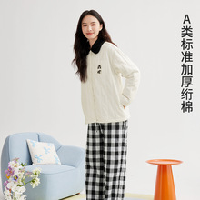 秋冬季三层夹棉保暖加厚睡衣女套装刺绣翻领宽松女士睡衣家居服