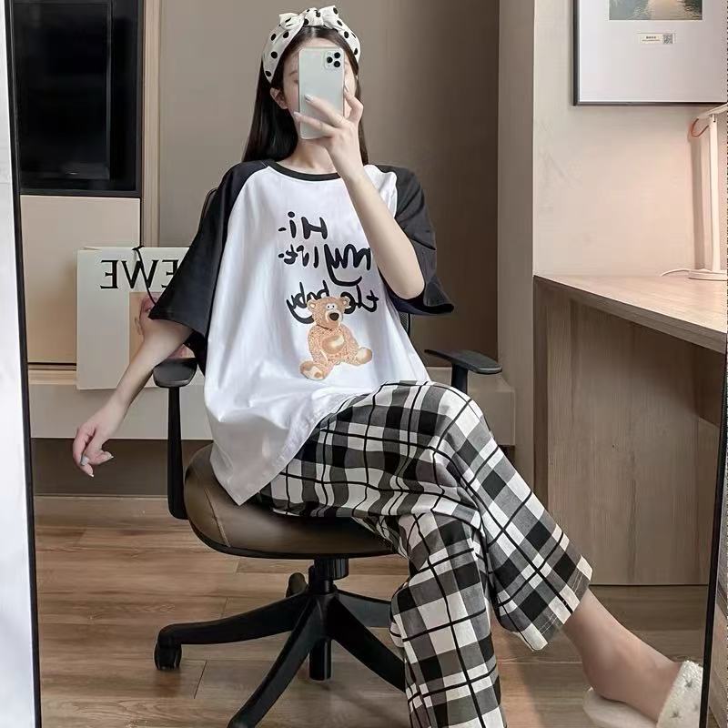 Pijama de mujer Jingdong gato pantalones de manga corta primavera y otoño dibujos animados lindos de tamaño grande para mujeres de verano conjunto de ropa de casa estudiantil