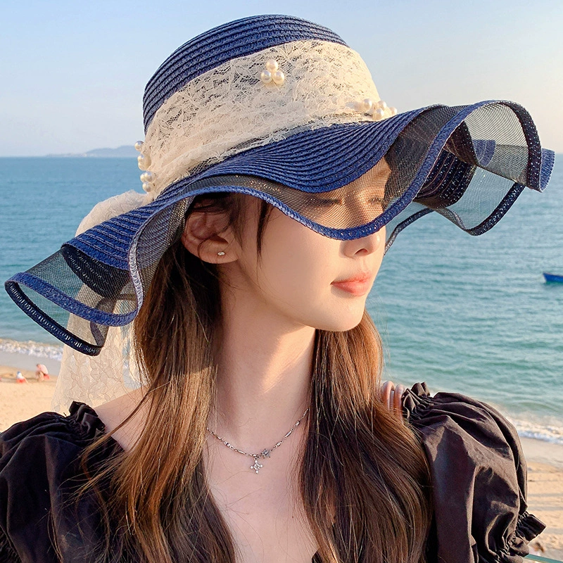 Wavy fresh cute big sun hat solar-powered with bow, wholesale