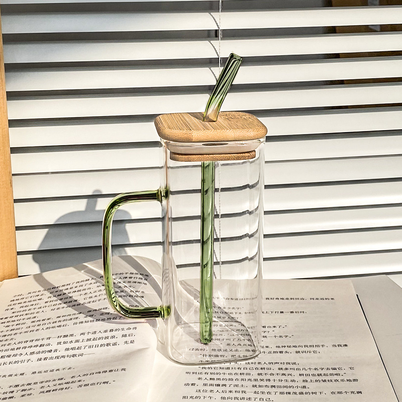 Taza de vidrio cuadrada con mango de color Taza de jugo de leche Taza para el hogar simple transparente Taza de agua de vidrio de borosilicato