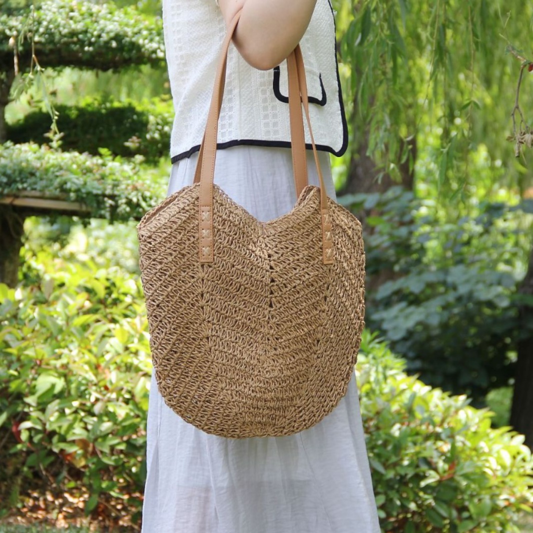Ins Grass Weave Women's New Beach Vacation Sandbag Braided Tote Bag Large Capacity Single Shoulder Shopping Bag Simple Fashion Matchable