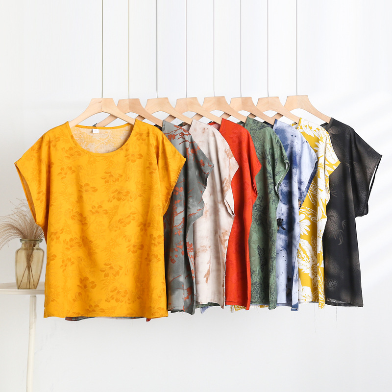 Summer Thin Artificial Cotton Women's Tops Cotton Silk Short-Sleeved Middle-Aged and Elderly Loose Large Size Outer Wear Fashionable Floral T-Shirt