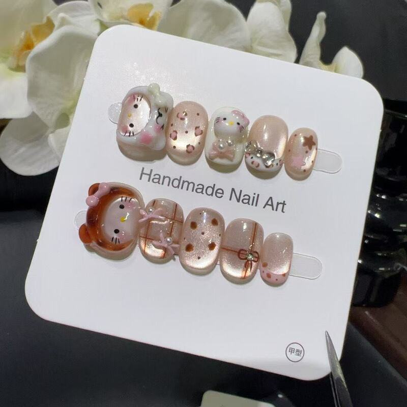 【White and Brown Kitty with Hat】Hand-painted plaid leopard print bow cute cat-eye brightening hand-crafted Kitty nail art 【White and Brown Kitty with Hat】Hand-painted plaid leopard print bow cute cat-eye brightening hand-crafted Kitty nail art