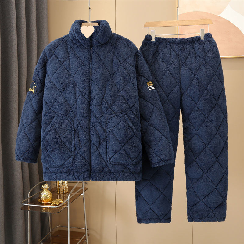 남성용 겨울면 잠옷, 3겹 플러스 벨벳, 두툼한 누빔 플란넬, 따뜻한 홈웨어 세트, 캐주얼하고 외출 가능