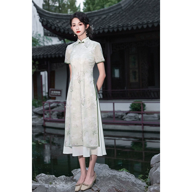 Красные глаза 2025 весна и лето новое платье с принтом cheongsam длинная трехточечная рукава улучшенная Oudai двухслойный cheongsam