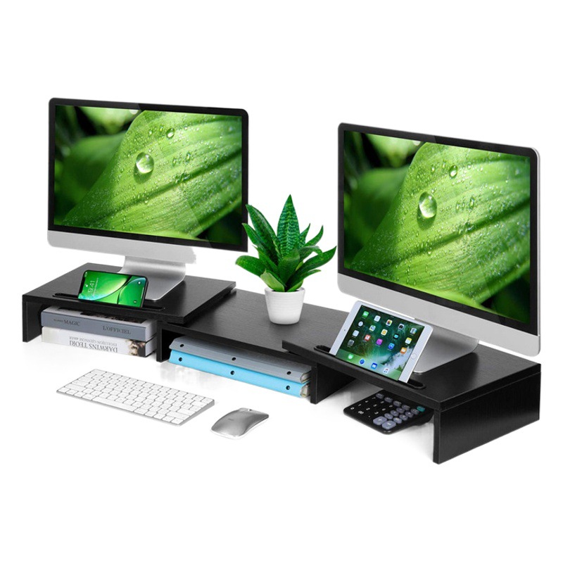 Fabricante en stock de madera de doble pantalla monitor de ordenador soporte de almacenamiento de longitud ajustable estante de escritorio