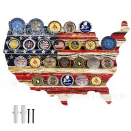 木制挑战硬币架美国地图国旗形状徽章奖牌展示架壁挂纪念币置物架