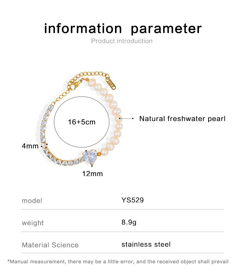 Lujoso Forma De Corazón Perlas De Agua Dulce Acero Titanio Labor De Retazos Circón Pulsera display picture 1