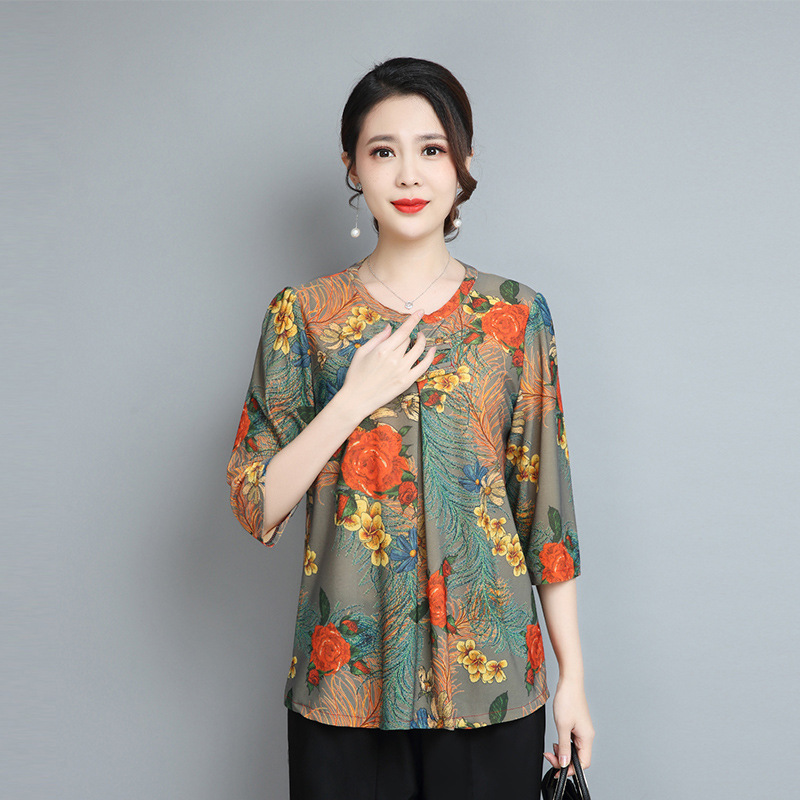 Mom's Summer Clothing, Loose-Fitting Mid-Sleeve T-Shirt, Middle-Aged Women's Shirt, Spring and Autumn Long-Sleeve Top, Tie-Dye Round Neck