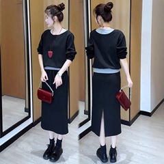 时尚休闲套装裙女秋季新款洋气宽松显瘦假两件卫衣半身裙两件套潮