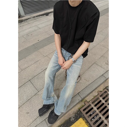 Men's Summer Short-Sleeve T-Shirt with Hemmed Pockets, American Street Style Deconstructed Crew Neck Hoodie, Trendy Brand Design Sensibility Loose Top