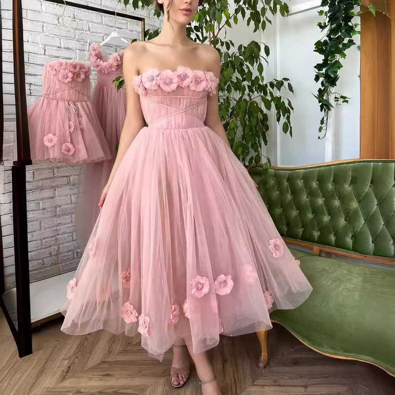 Russian Clothing Women's Summer Fresh Pink dress Foreign Trade Tube-length Flower Slim-fit Mid-length Dress Cross-border Skirt