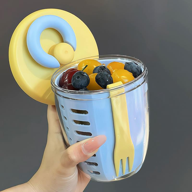 도파민 노란색 뚜껑 파란색 컵 [650ml 이중 배수 + 과일 포크 포함]