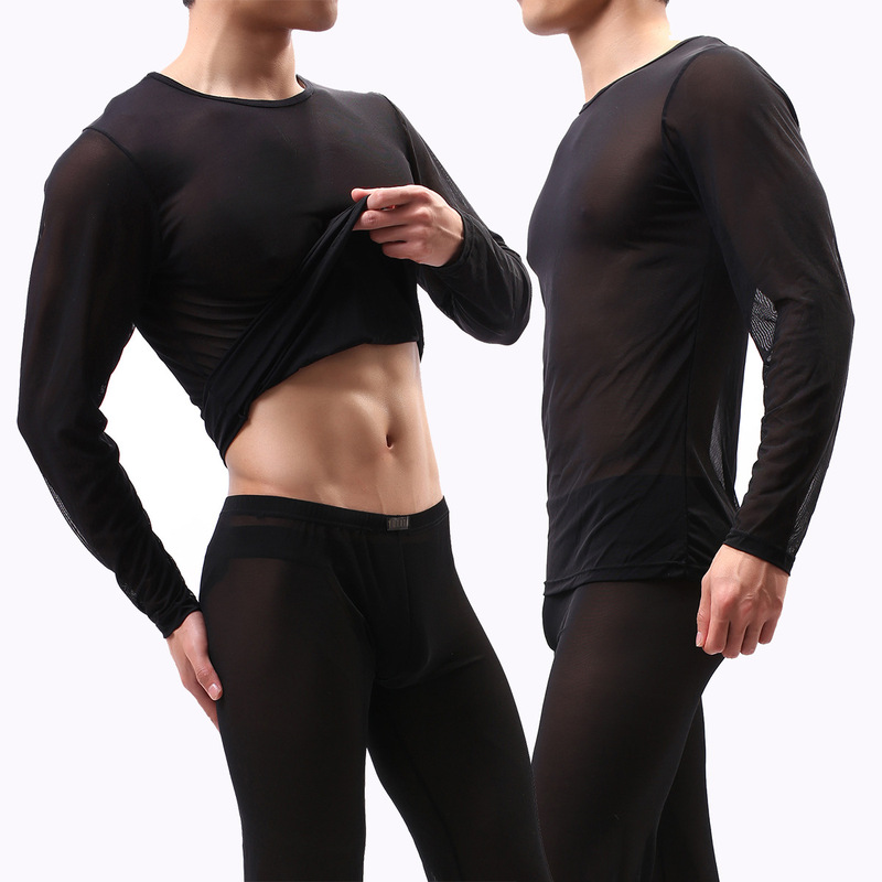 Transparent Sexy Long-Sleeved Tops Men's See-Through Mesh Intimates Men's Sexy Pajamas Men's European and American E668