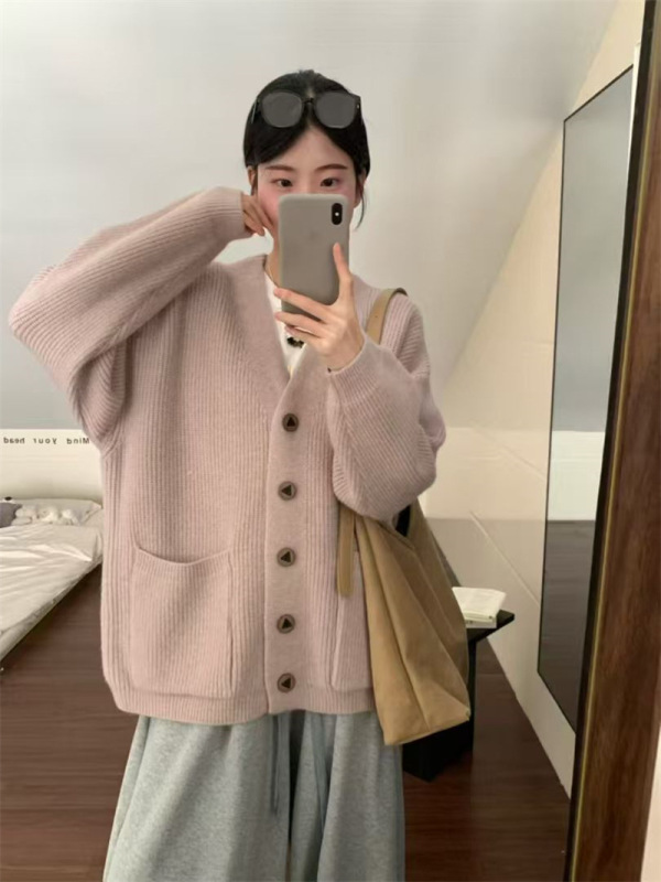 韩系秋冬新款休闲学院风针织衫女纯色宽松简约慵懒风开衫毛衣外套|undefined