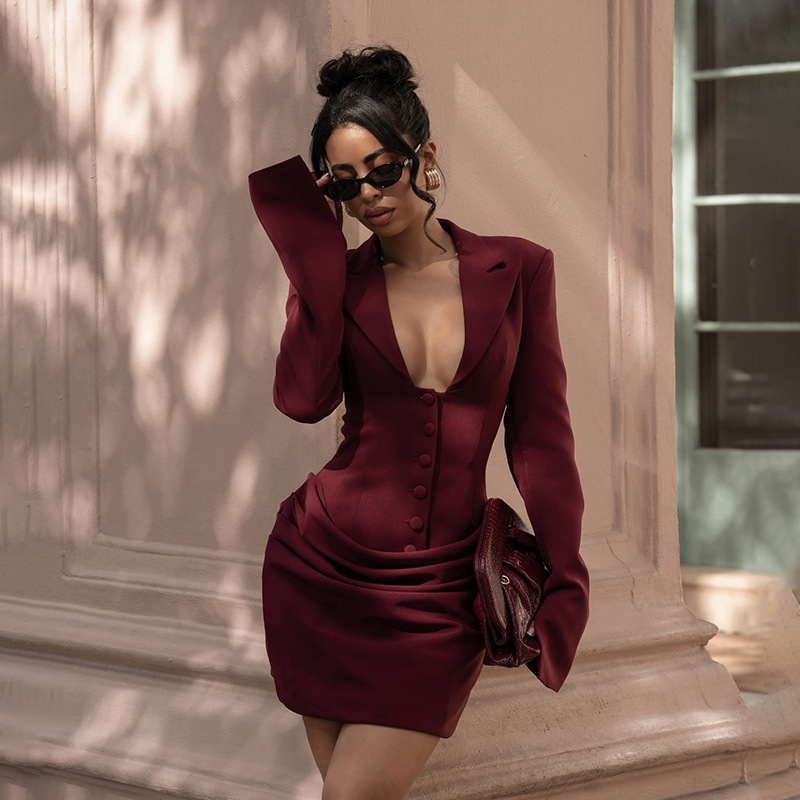 Q25DS438欧美女装秋冬新款性感深 V领纽扣时尚纯色西装包臀连衣裙