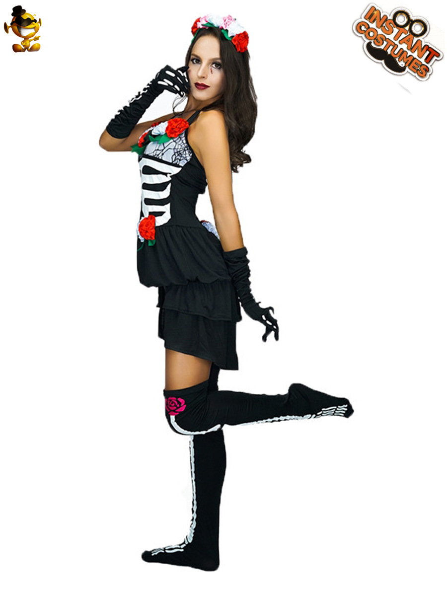 Halloween adulto hembra Undead Ghost hueso traje femenino cráneo mascarada partido juego de rol traje de escenario image 3