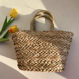2024夏新款bags潮流时尚草编手提包刺绣徽标草编菜篮子编织沙滩包
