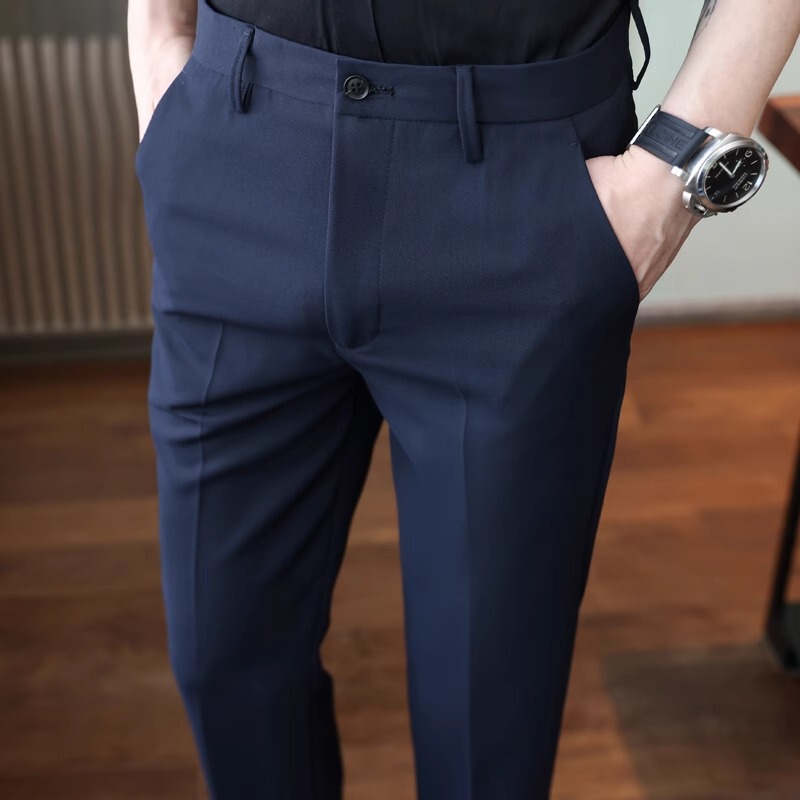 Men's Dress Pants, Spring and Autumn Business Casual Slim Fit Tapered 9/10 Length Pants, High-End Drapey Dark Blue Trousers Men's Dress Pants, Spring and Autumn Business Casual Slim Fit Tapered 9/10 Length Pants, High-End Drapey Dark Blue Trousers