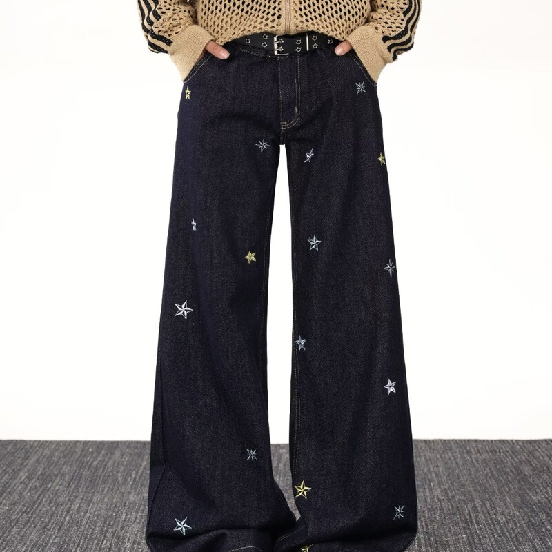 2025 American Trendy Brand Fun Embroidered Washed Jeans Men's Spring & Fall Retro Loose Wide-Leg Versatile Straight Pants