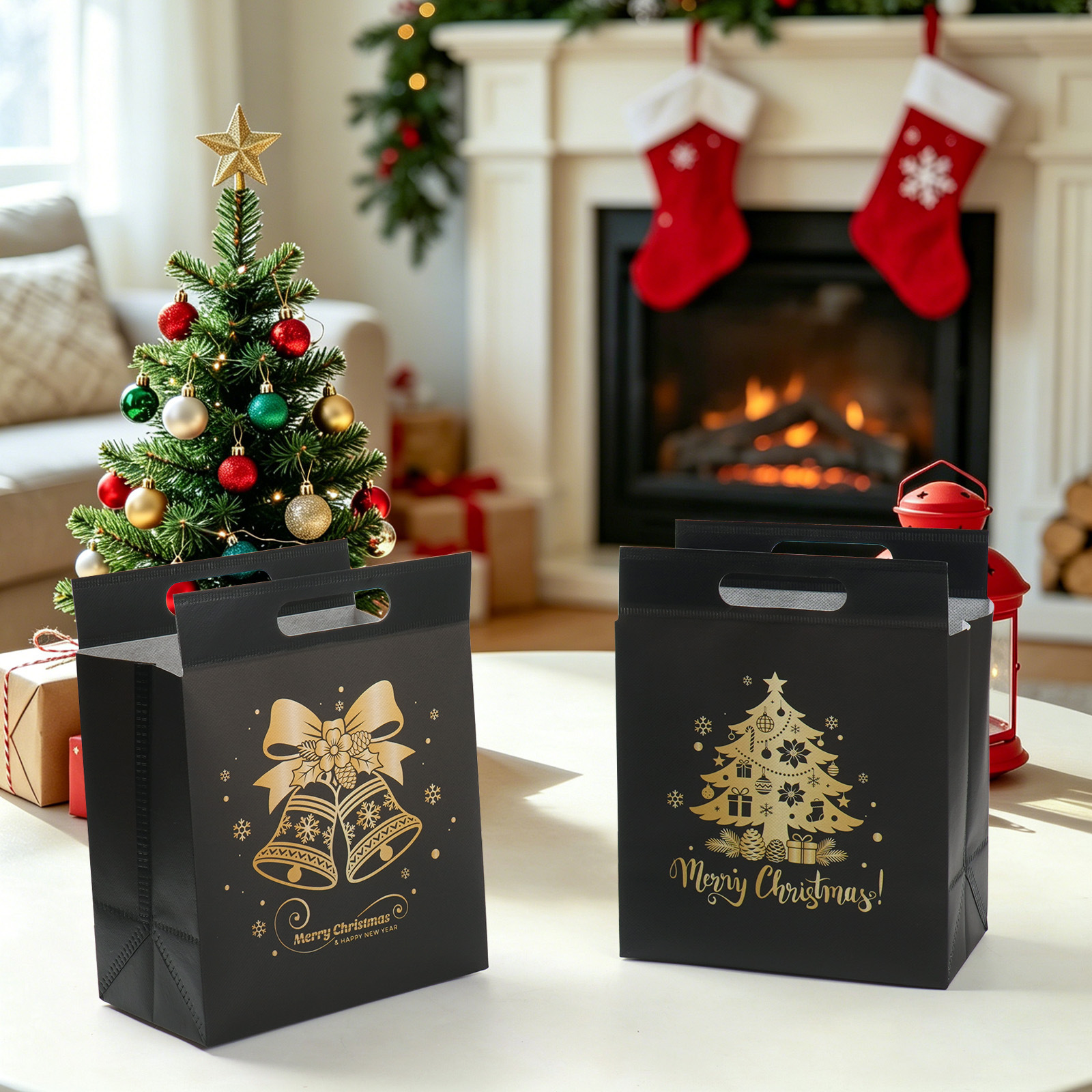 Bolsas de Navidad negras personalizadas bolsas de regalo de acompañantes de negocios embalaje de fiesta bolsas de tela al por mayor
