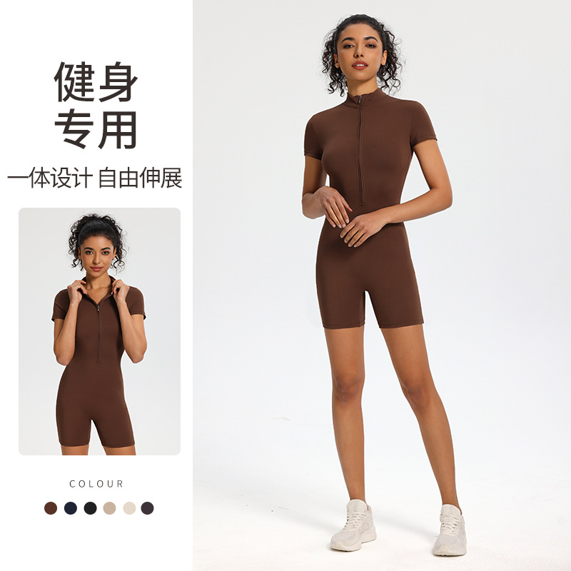 Cross-border Naked Half-zipper Tight Stretch Jompsuit Women's Summer Dance Sports Short-sleeved Hip Yoga Jompsuit