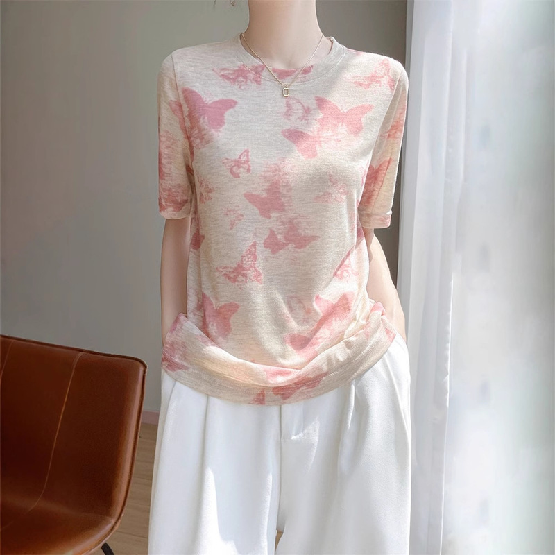 Cross-Border Design Colorfulful Tie-Dye Printed Round Neck Knitted Short-Sleeved T-Shirt for Women Summer New Versatile Slimming Look Top