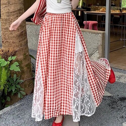 Korean Sweet Lace Patchwork Red Check Semi-Body Skirt 2025 Spring New College Style Full-Skirted A-Line Dress