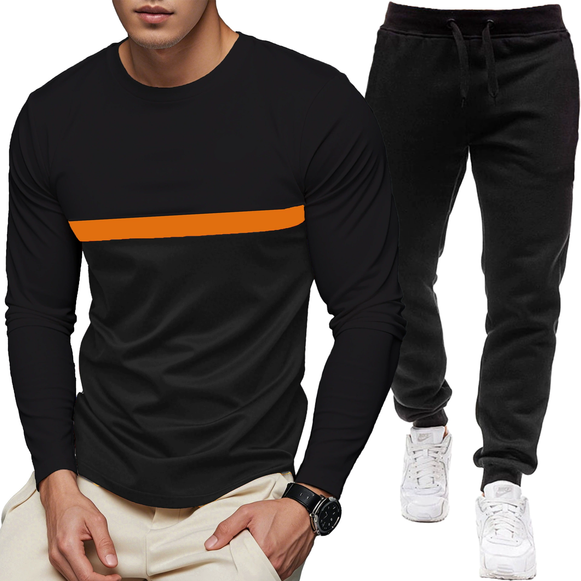 Летняя футболка с длинным рукавом и круглым вырезом 2025 года, европейский и американский новый дизайн, спортивный повседневный костюм с цветными вставками, мужской комплект с брюками