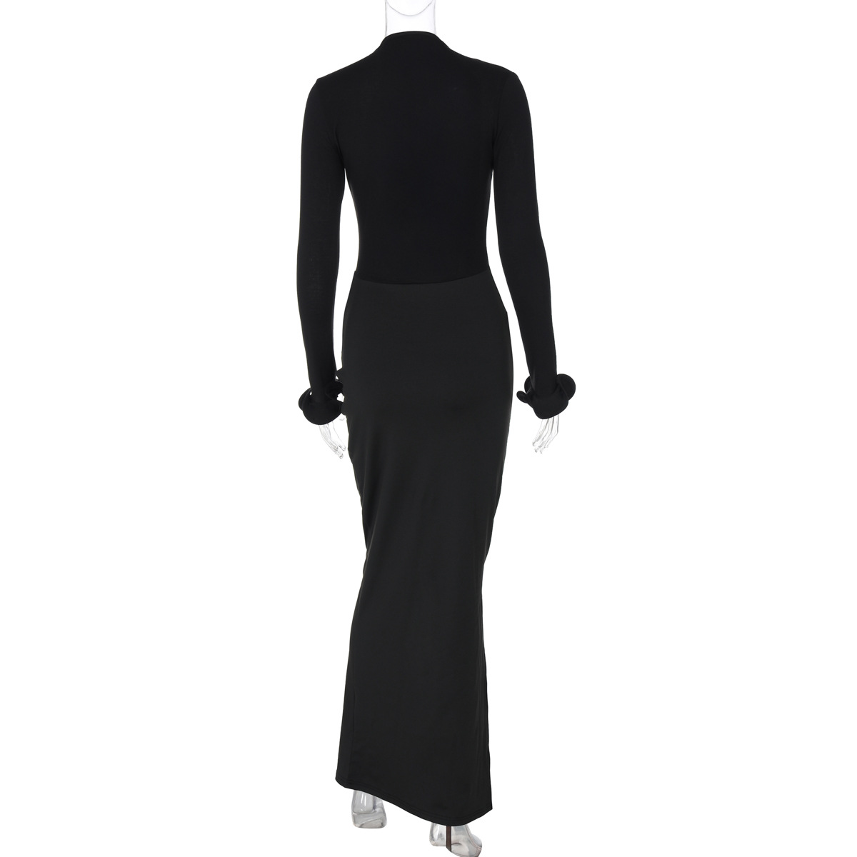 Women Clothing Sexy Deep V Plunge Long Sleeve Solid Color Sexy Double Stitching Pleated Maxi Dress