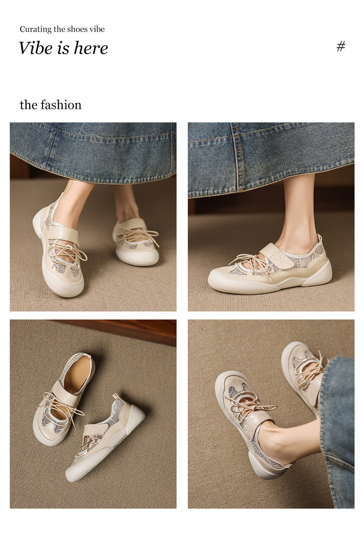 Giày sneaker nữ đế dày ren lưới phối màu cổ thấp — màu trắng ngà chi tiết 1