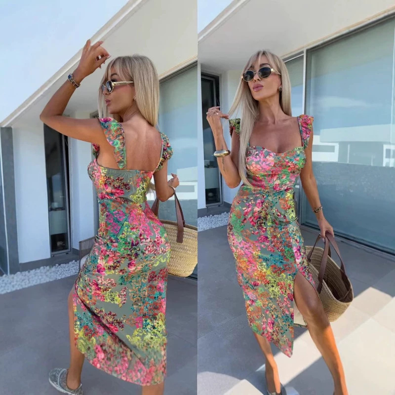 Aliexpress Independent Station European and American 2025 New Elegant Design French Floral Suspender Slit Long Dress for Women