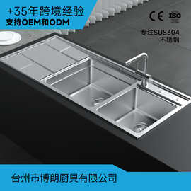 带板水槽新款高档厨房锈钢304双槽水槽磨砂出口欧洲带板水槽
