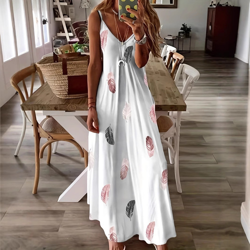 European and American Spring/Summer Sleeveless Slim-Fit Feather-Print Low-Cut V-Neck Strap Maxi Dress for Women