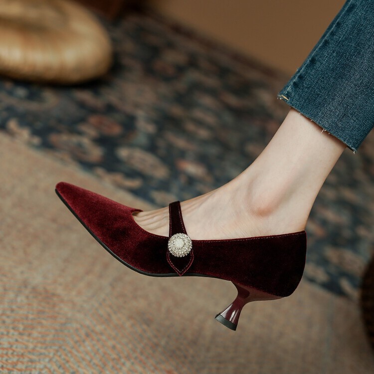 2025 Winter High Heels Sexy Pointed Toe Single Shoes With Pearl Detail, Suede, New Thin Heel, Versatile For Women's_vogvips.com