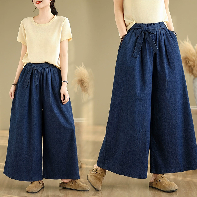 Реальный снимок широких джинсов больших размеров, летний тонкий стиль для полных девушек, свободные и облегающие широкие брюки-кюлоты с бантом на поясе.